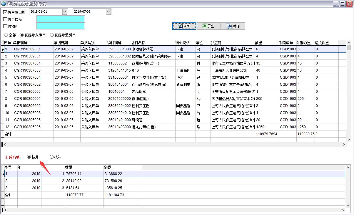 供應(yīng)商交退貨記錄