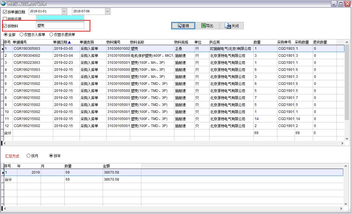 供應(yīng)商交退貨記錄
